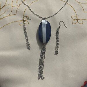 💙Blue oval stone with chains hanging necklace and earring set